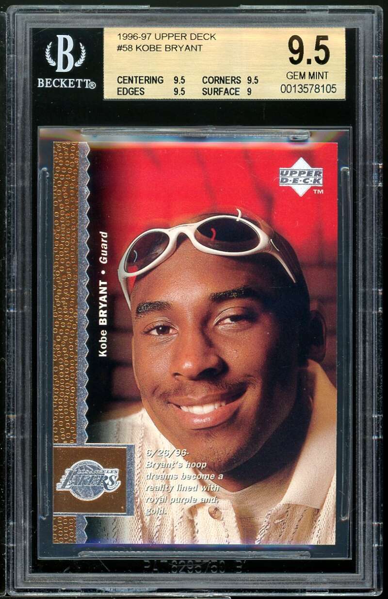 Kobe Bryant Rookie Card 1996-97 Upper Deck #58 BGS 9.5 (9.5 9.5 9.5 9) Image 1