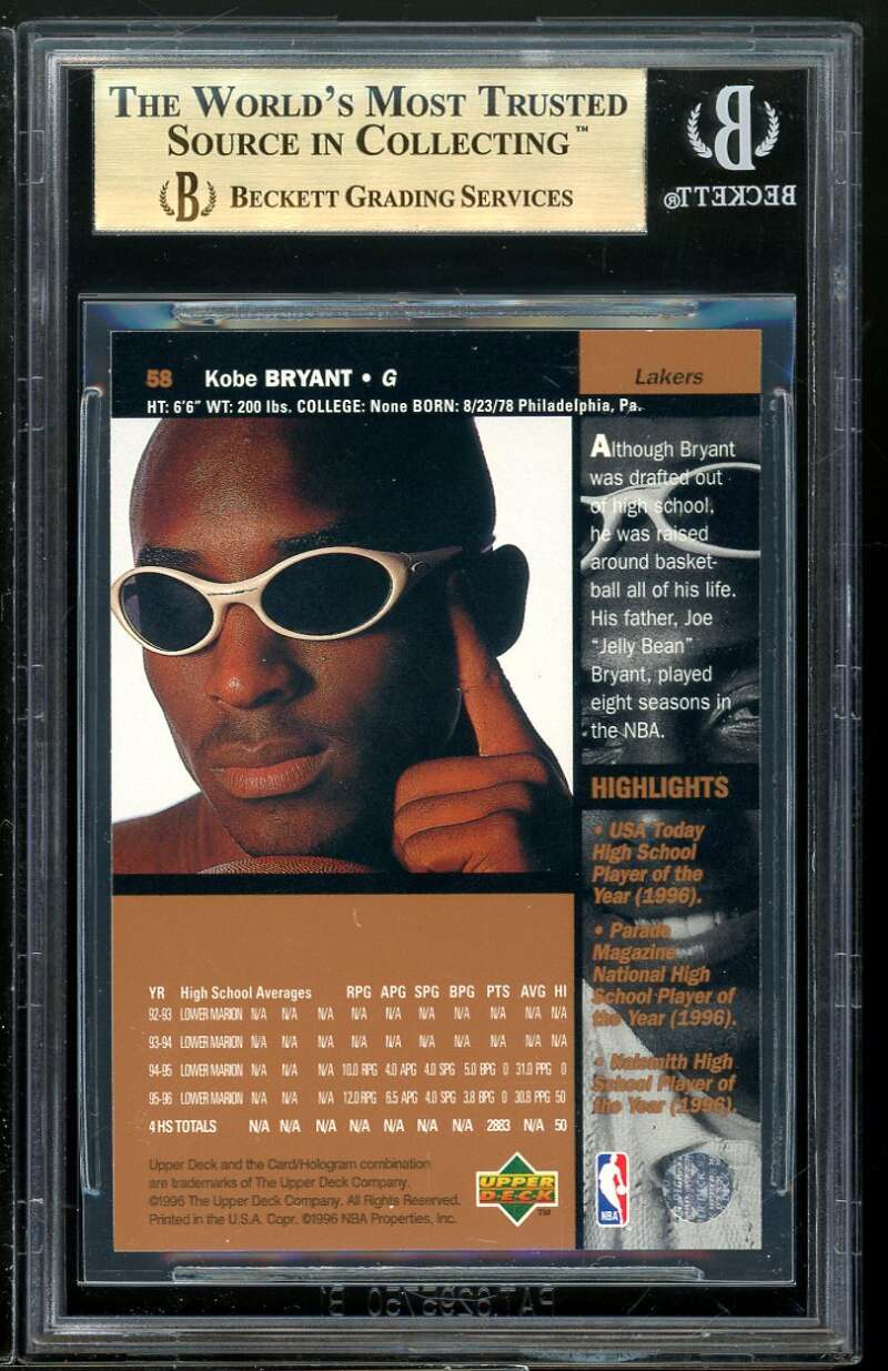 Kobe Bryant Rookie Card 1996-97 Upper Deck #58 BGS 9.5 (9.5 9.5 9.5 9) Image 2