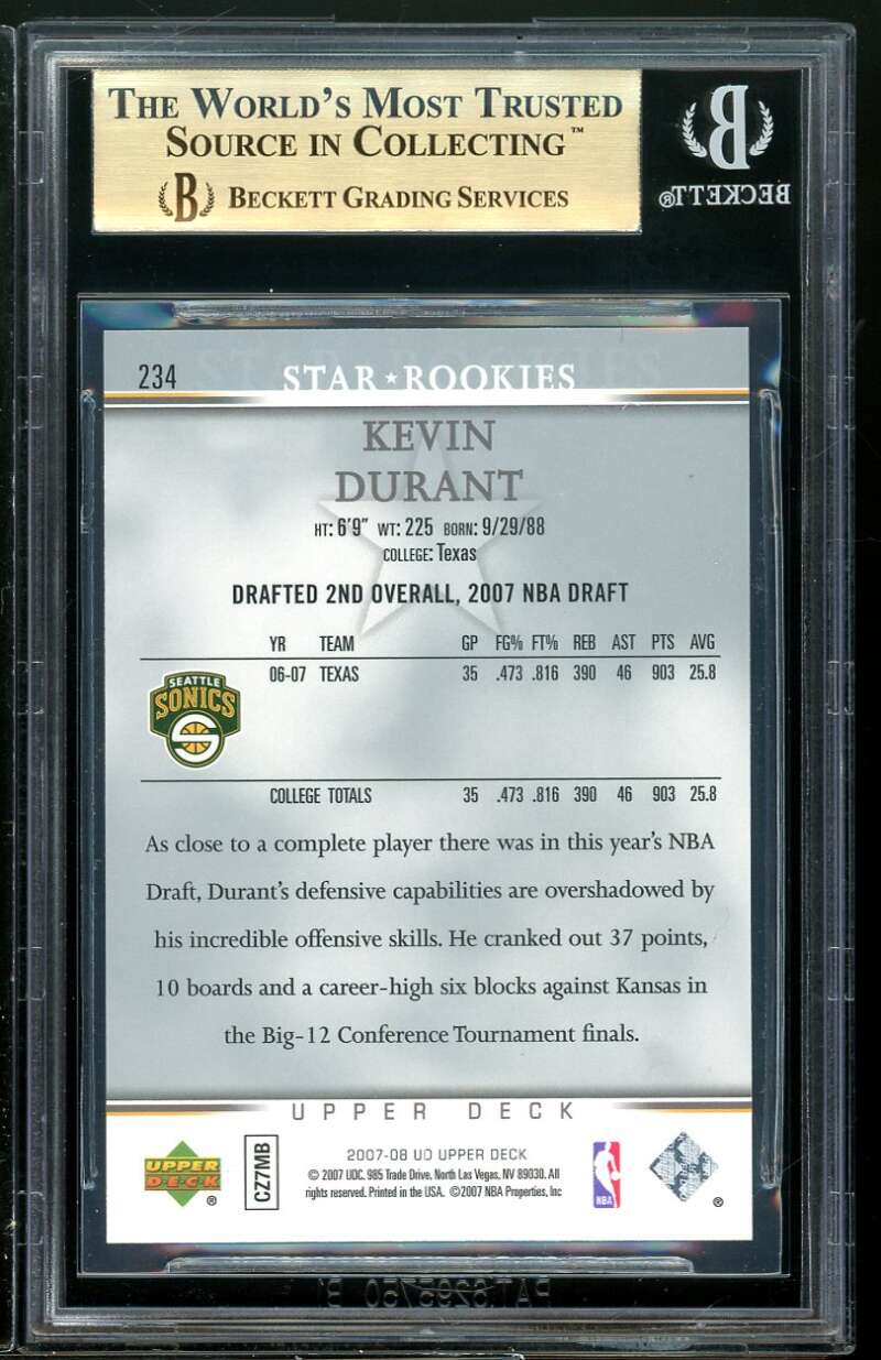 Kevin Durant Rookie Card 2007-08 Upper Deck #234 BGS 9.5 (9.5 9.5 9 9.5) Image 2