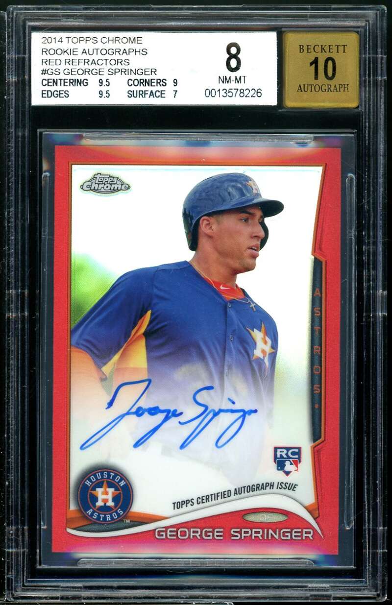 George Springer Rookie 2014 Topps Chrome Rookie Autographs Red Refractors BGS 8 Image 1