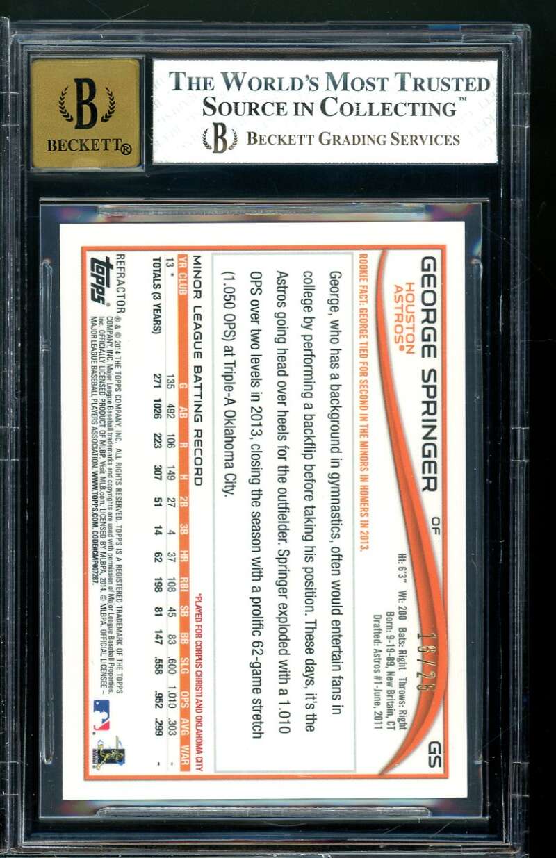 George Springer Rookie 2014 Topps Chrome Rookie Autographs Red Refractors BGS 8 Image 2