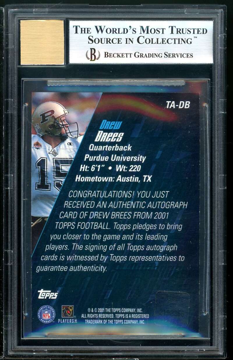 Drew Brees Rookie Card 2001 Topps Autographs #TA-DB BGS 9 (9.5 9.5 8.5 9.5) Image 2