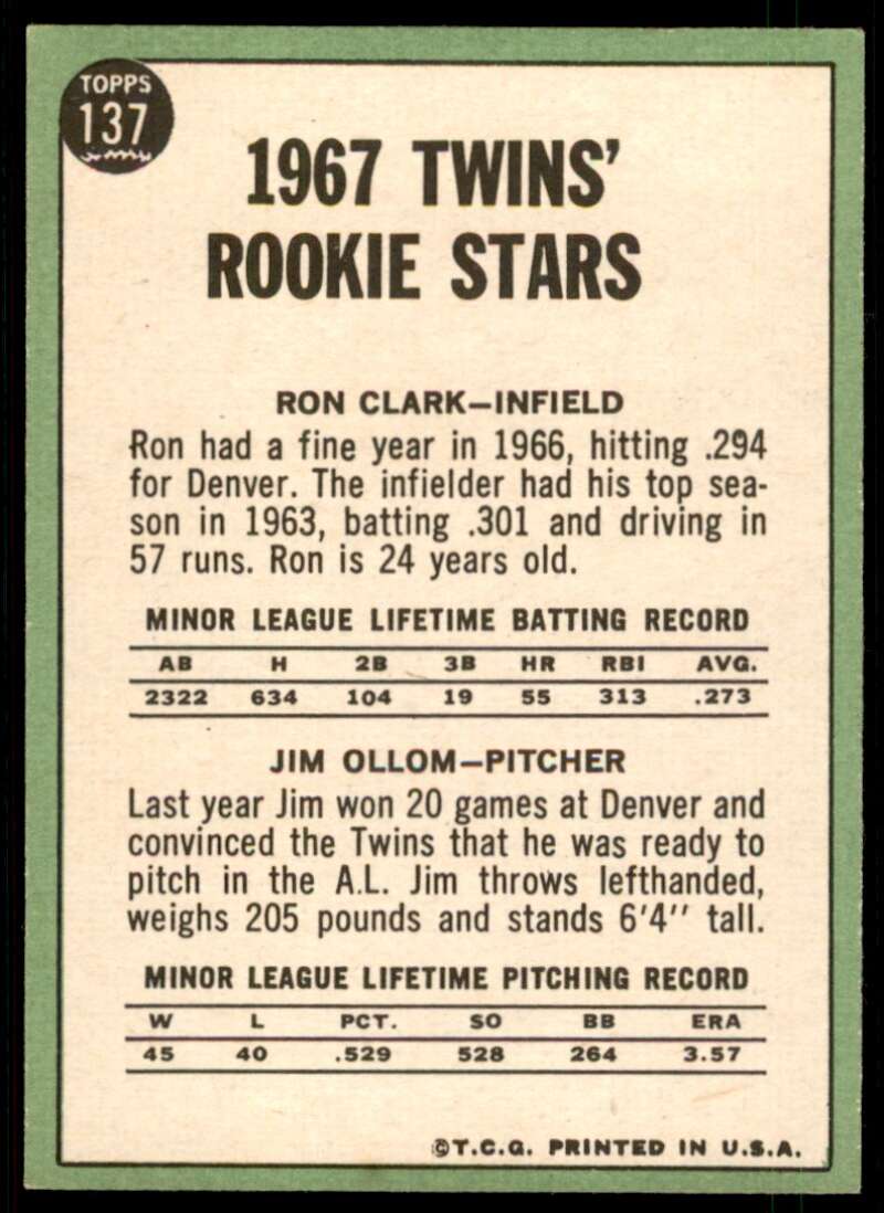 Twins Rookies - Ron Clark/Jim Ollom Card 1967 Topps #137 Image 2