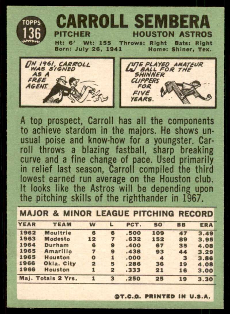 Carroll Sembera Card 1967 Topps #136 Image 2