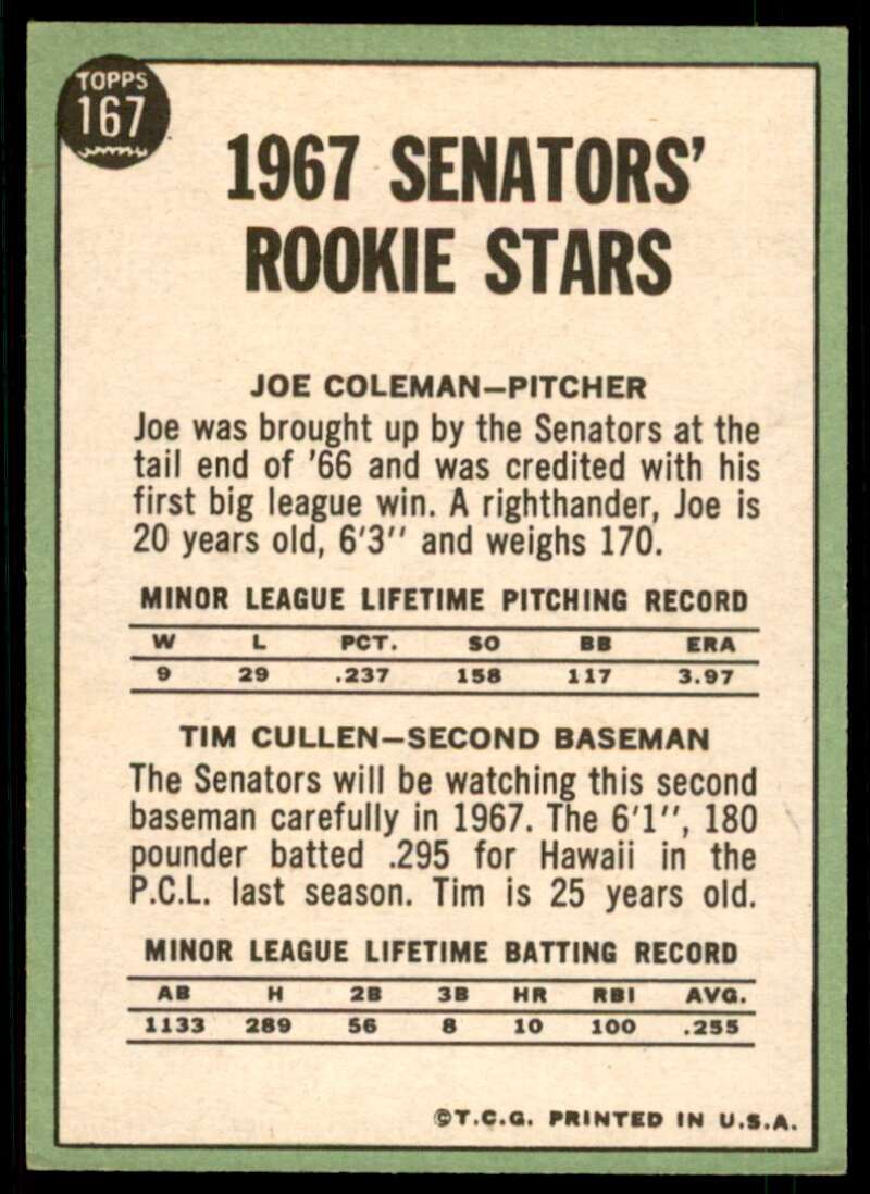 1967 Senators Rookie Stars - Joe Coleman - Tim Cullens 1967 Topps #167 Image 2