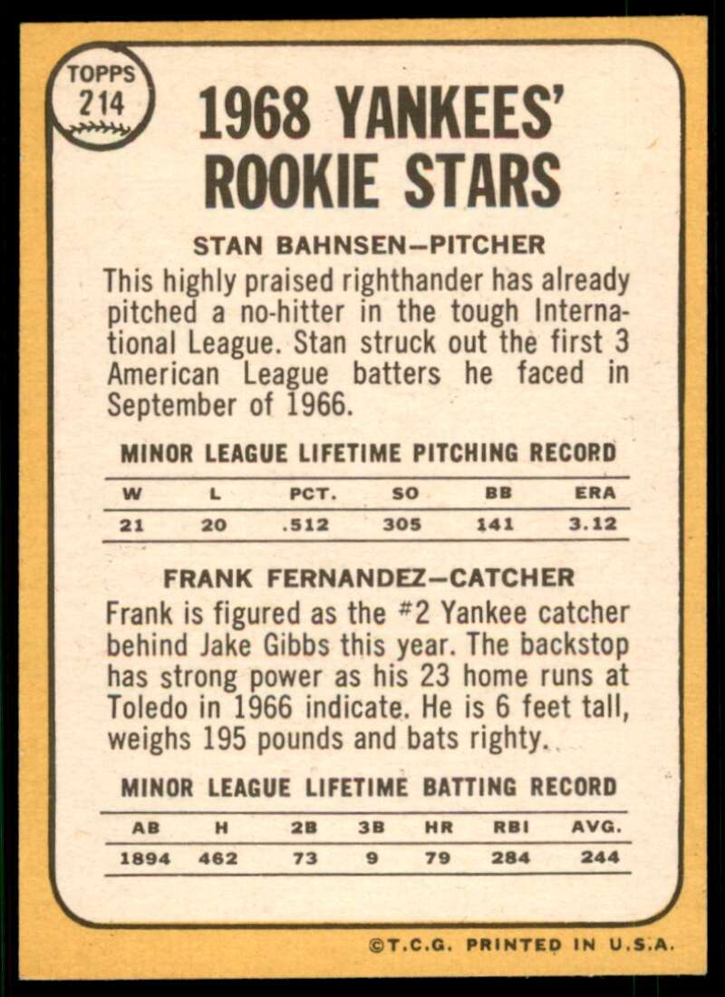 Stan Bahnsen/Frank Fernandez Rookie Card 1968 Topps #214 Image 2