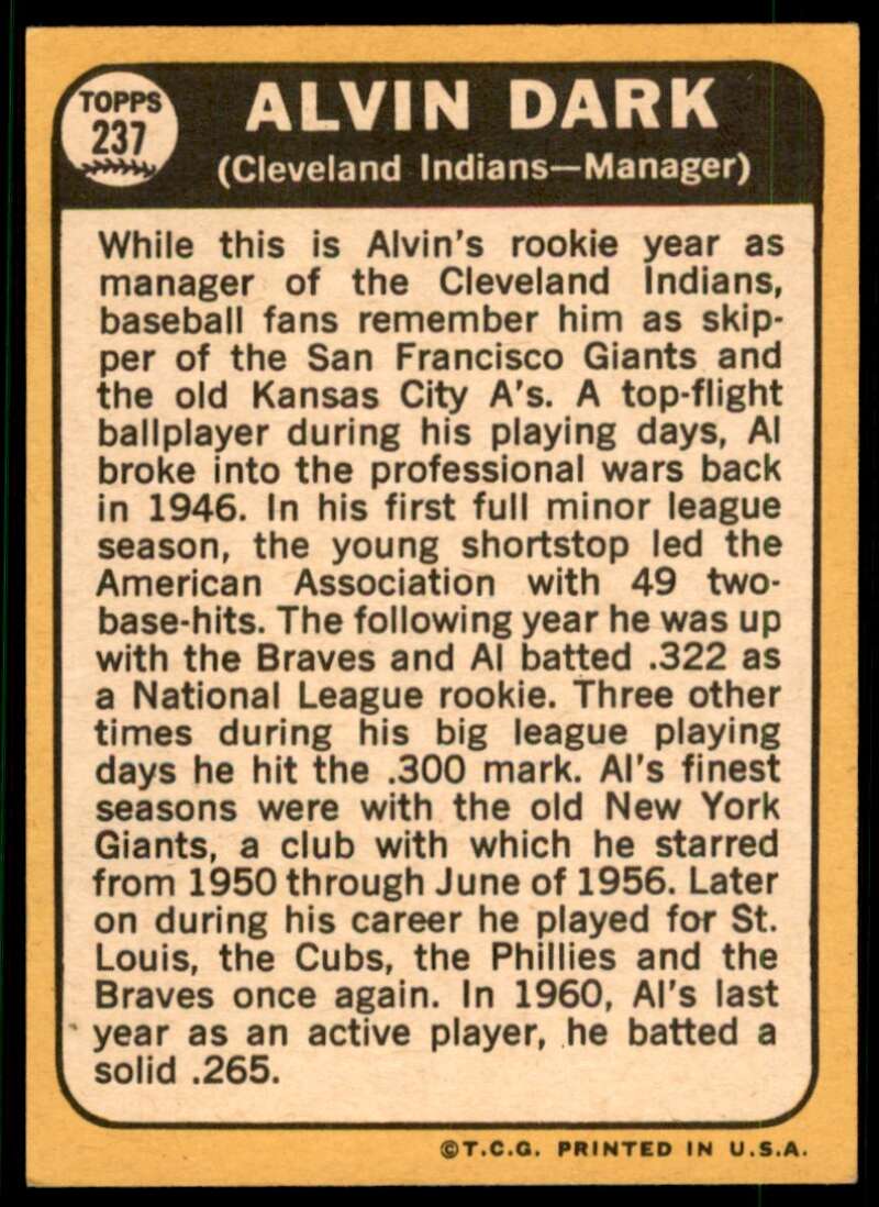 Alvin Dark Card 1968 Topps #237 Image 2