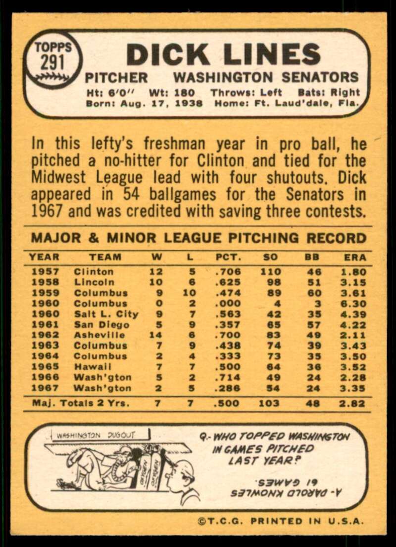 Dick Lines Card 1968 Topps #291 Image 2