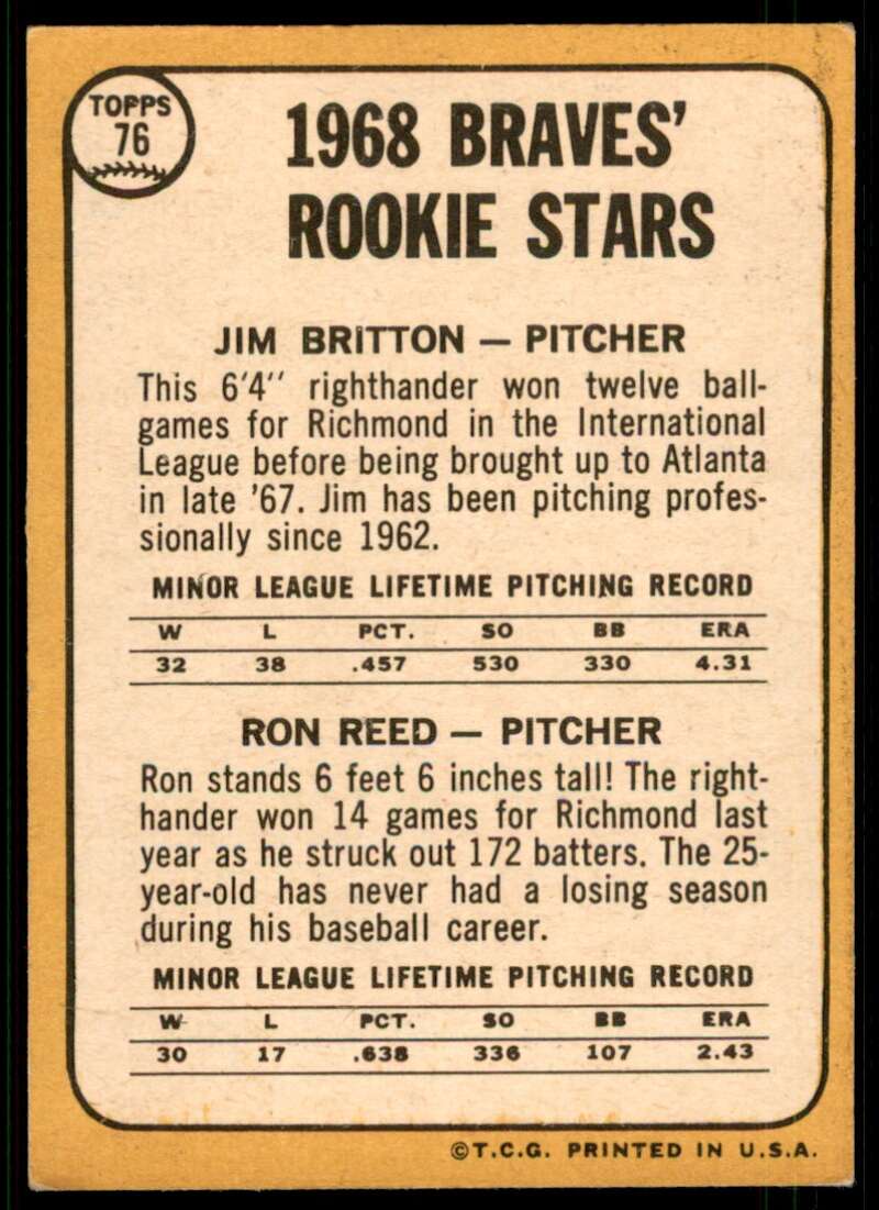 Jim Britton/Ron Reed Rookie Card 1968 Topps #76 Image 2