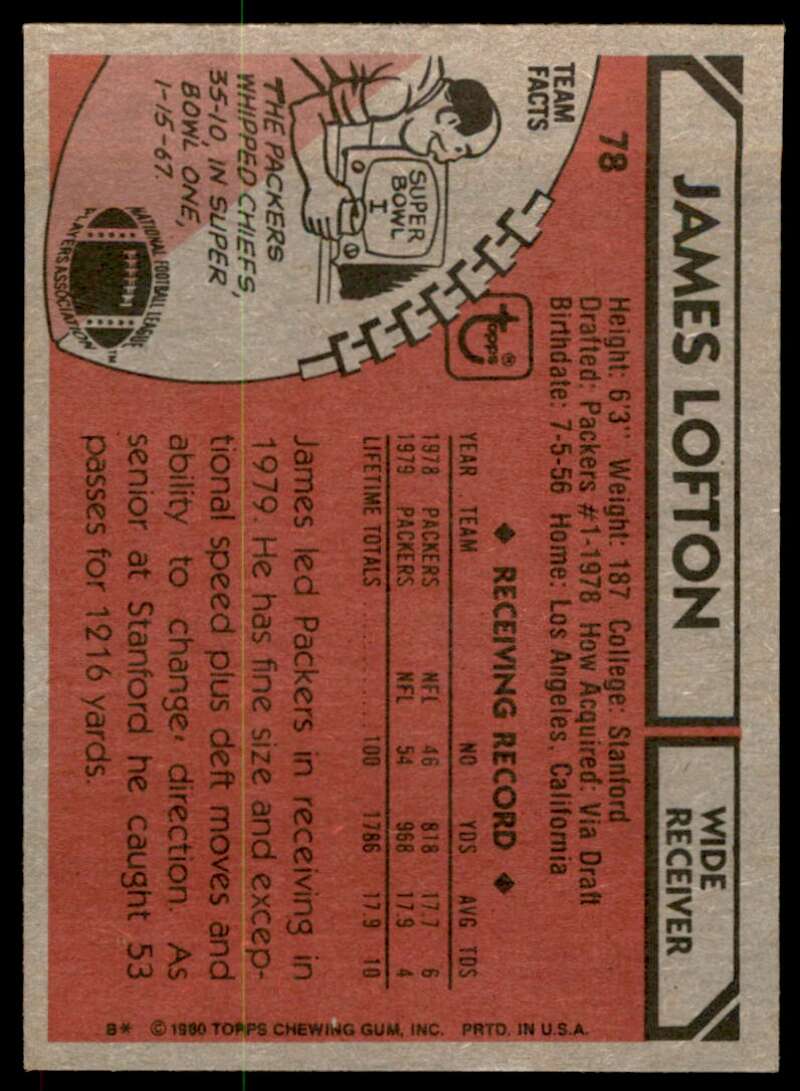 James Lofton Card 1980 Topps #78 Image 2