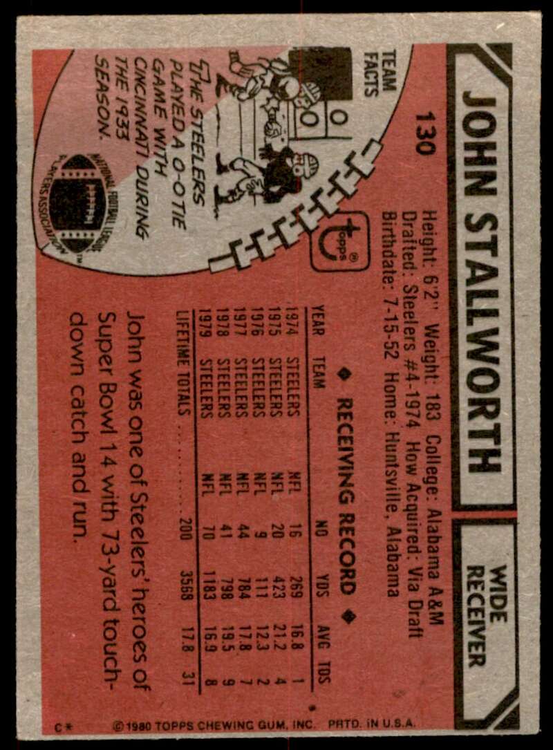 John Stallworth Card 1980 Topps #130 Image 2