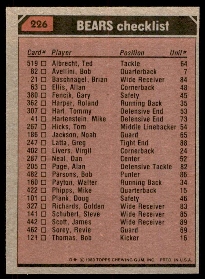 Walter Payton/Baschnagel/Fencik/Schmidt/Osborne Bears Team Card 1980 Topps #226 Image 2