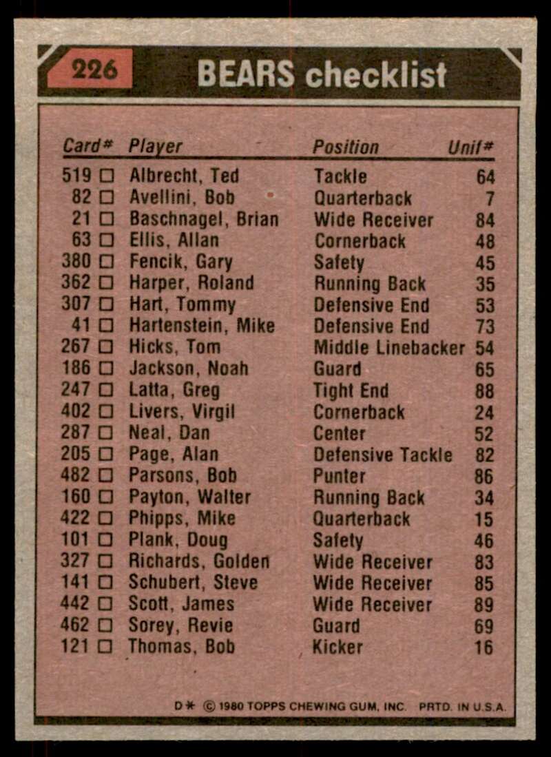 Walter Payton/Baschnagel/Fencik/Schmidt/Osborne Bears Team Card 1980 Topps #226 Image 2