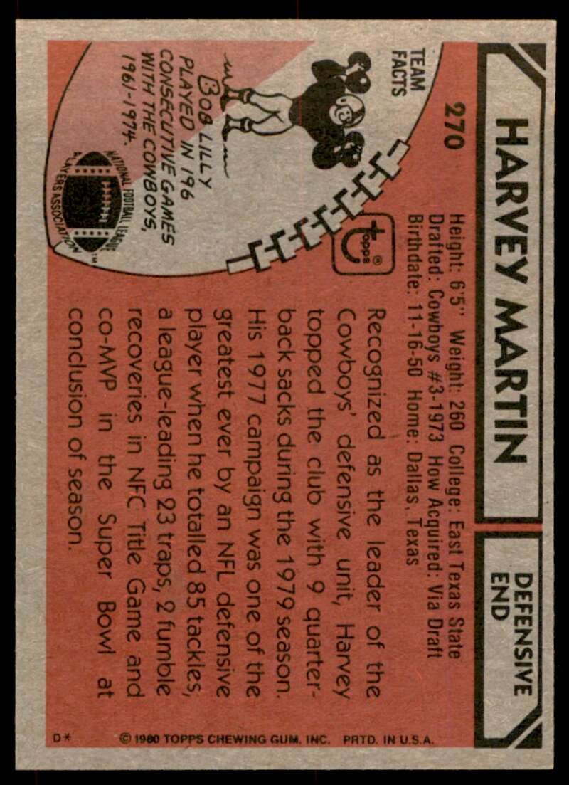 Harvey Martin Card 1980 Topps #270 Image 2