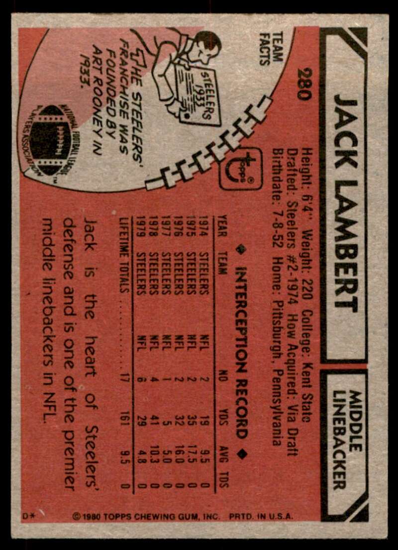 Jack Lambert Card 1980 Topps #280 Image 2