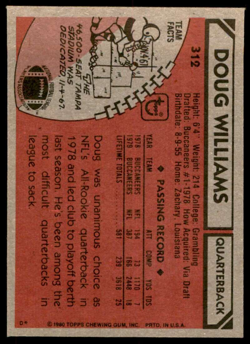 Doug Williams Card 1980 Topps #312 Image 2
