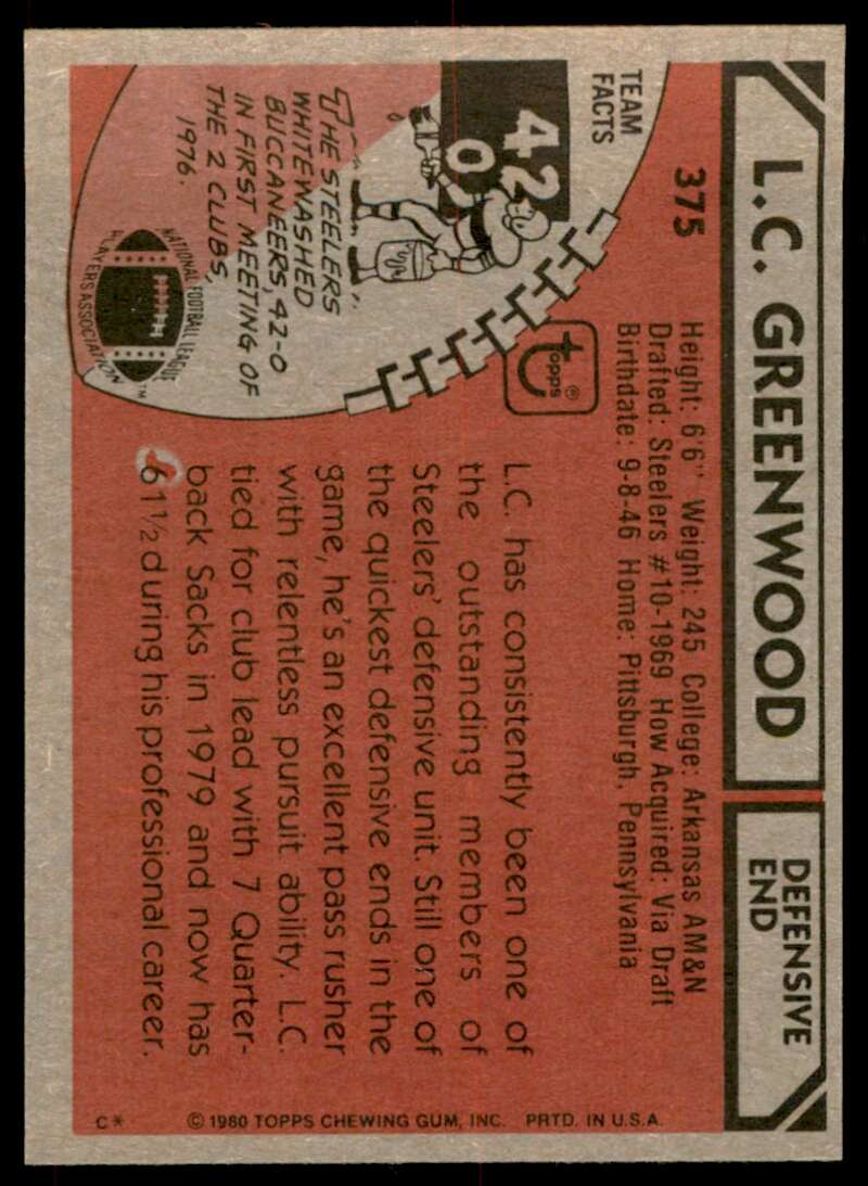 L.C. Greenwood Card 1980 Topps #375 Image 2