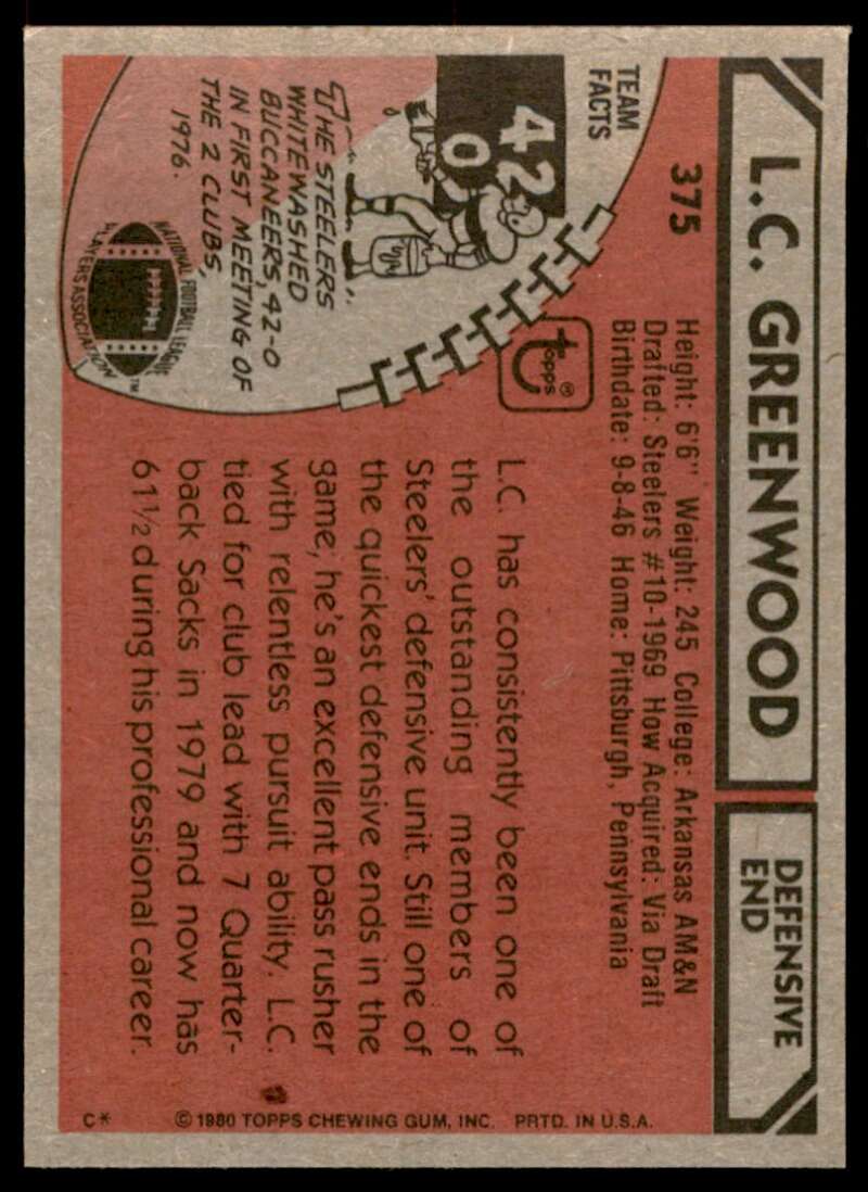 L.C. Greenwood Card 1980 Topps #375 Image 2