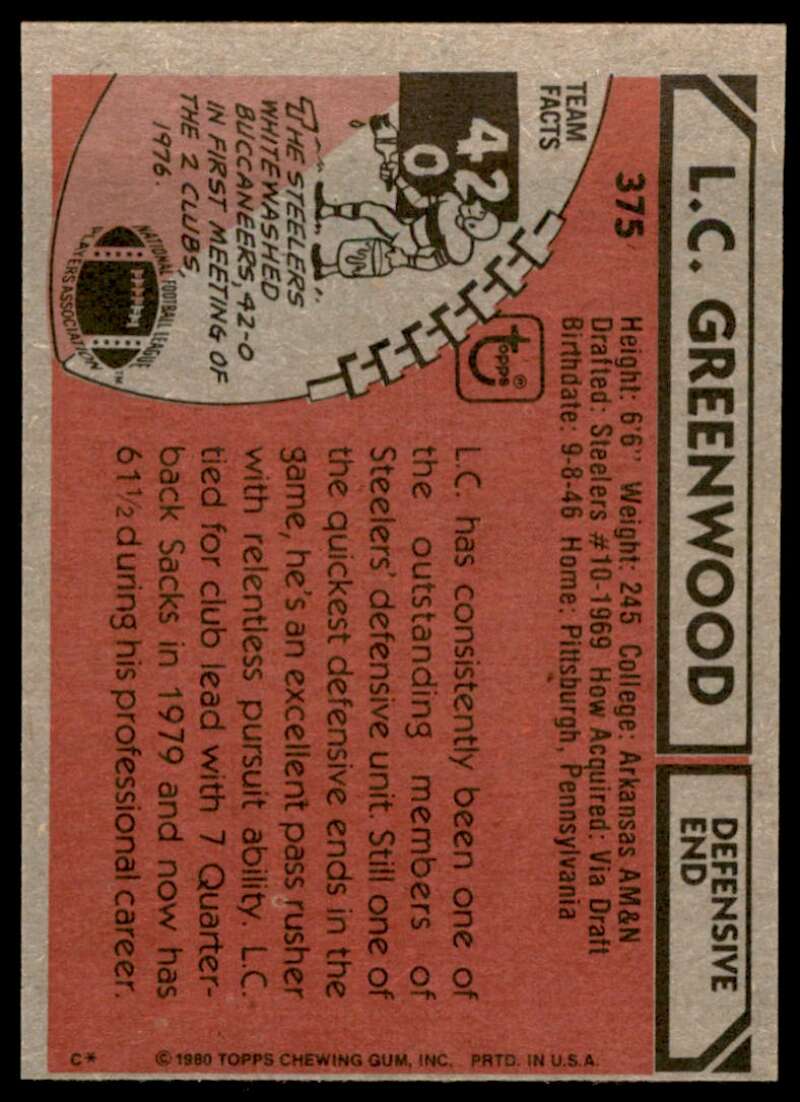 L.C. Greenwood Card 1980 Topps #375 Image 2