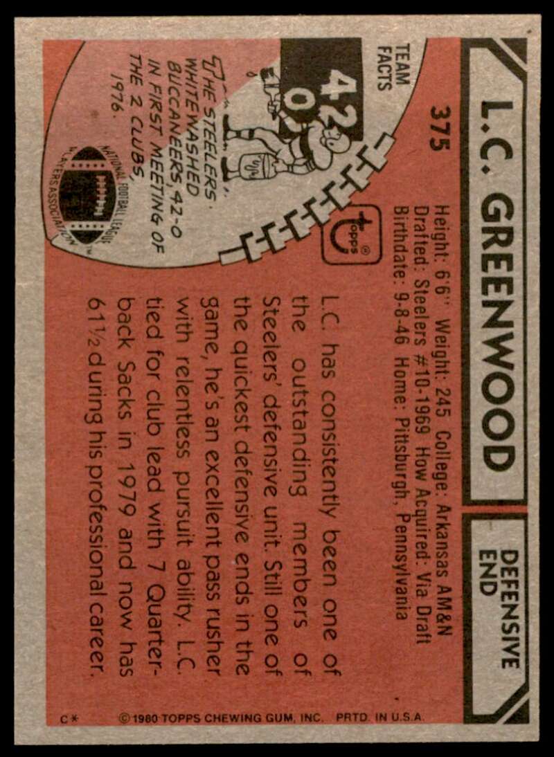 L.C. Greenwood Card 1980 Topps #375 Image 2