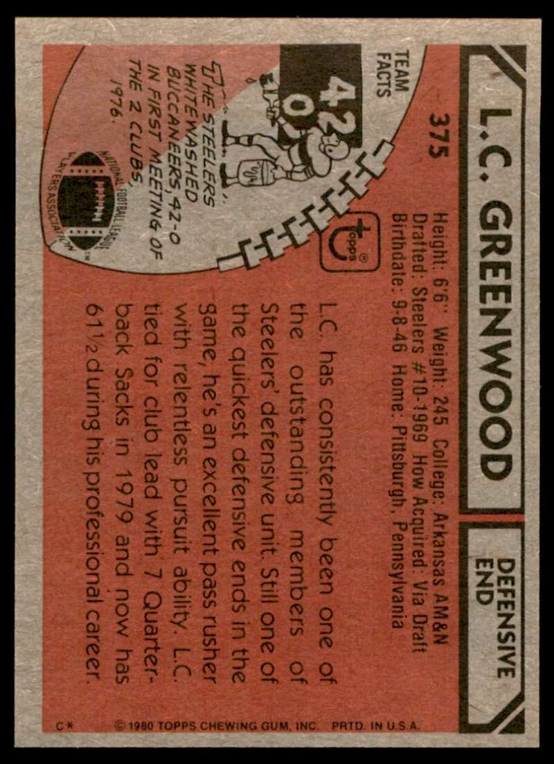 L.C. Greenwood Card 1980 Topps #375 Image 2