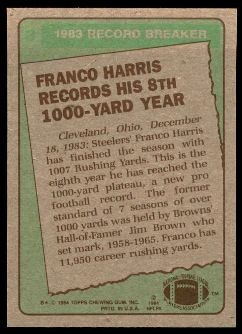 Franco Harris Card 1984 Topps #3 Image 2