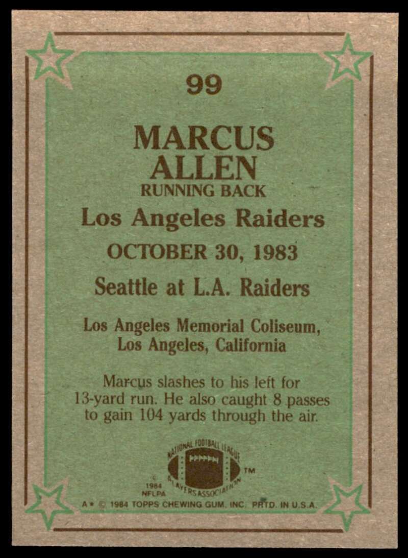 Marcus Allen Card 1984 Topps #99 Image 2