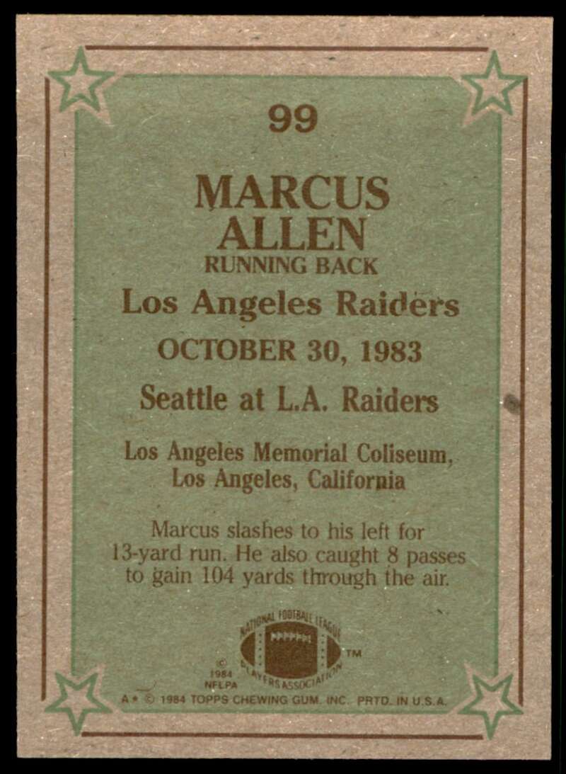 Marcus Allen Card 1984 Topps #99 Image 2