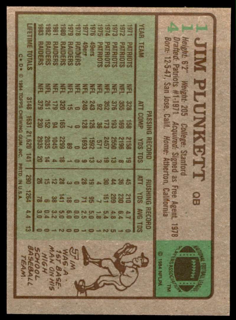 Jim Plunkett Card 1984 Topps #114 Image 2