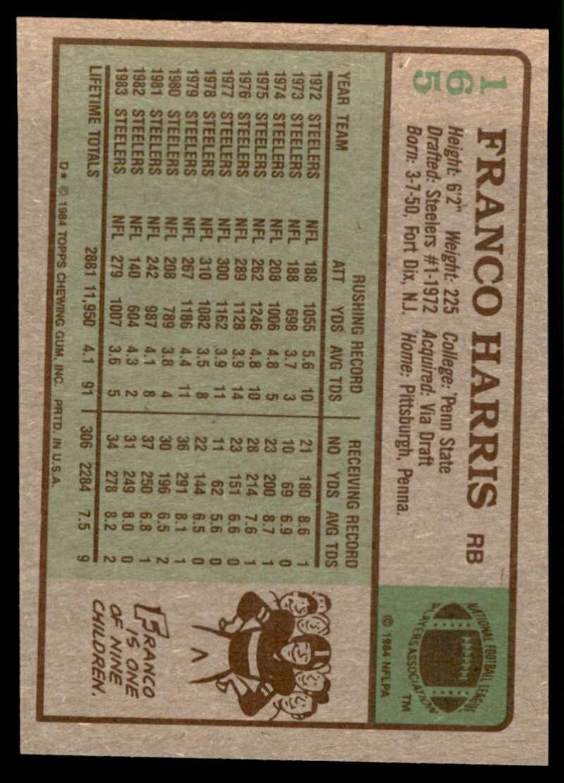 Franco Harris Card 1984 Topps #165 Image 2