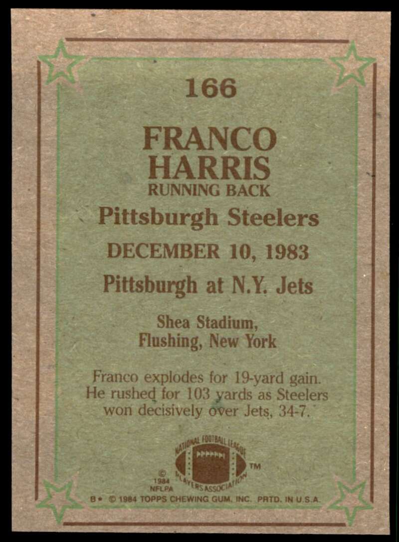 Franco Harris Card 1984 Topps #166 Image 2