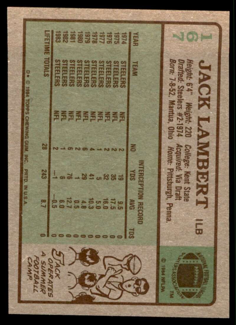 Jack Lambert Card 1984 Topps #167 Image 2