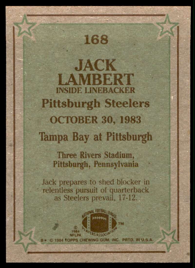 Jack Lambert Card 1984 Topps #168 Image 2