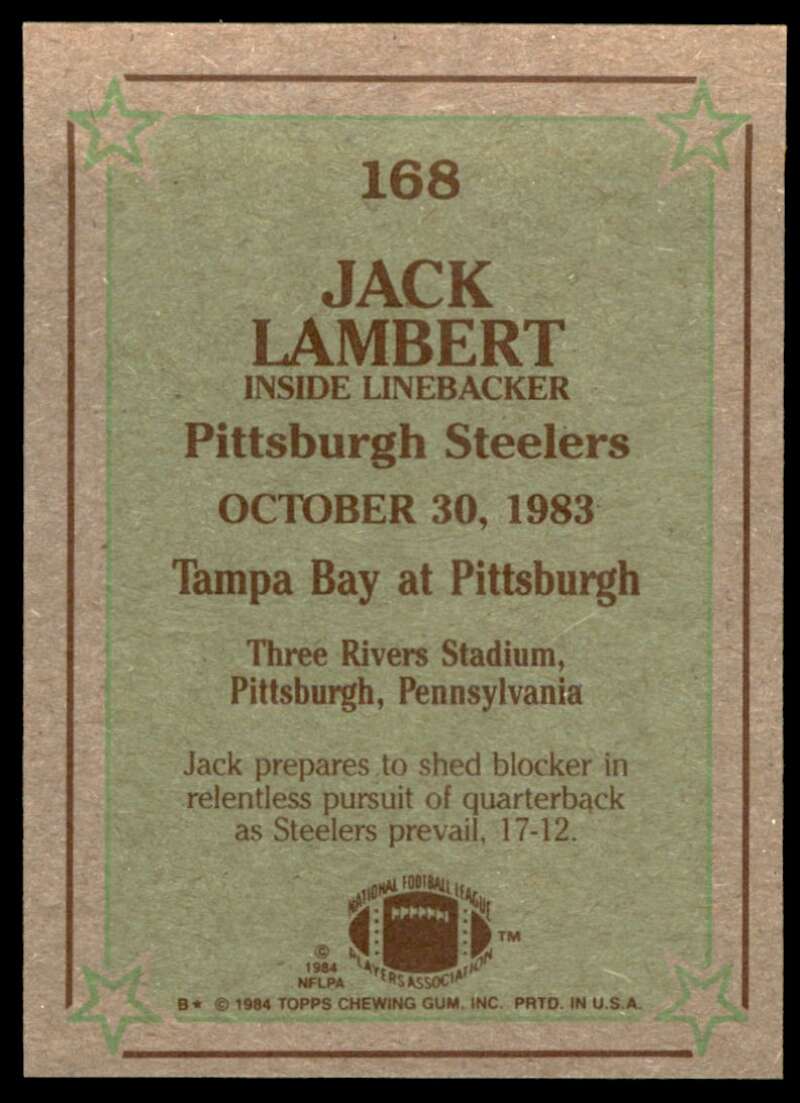Jack Lambert Card 1984 Topps #168 Image 2
