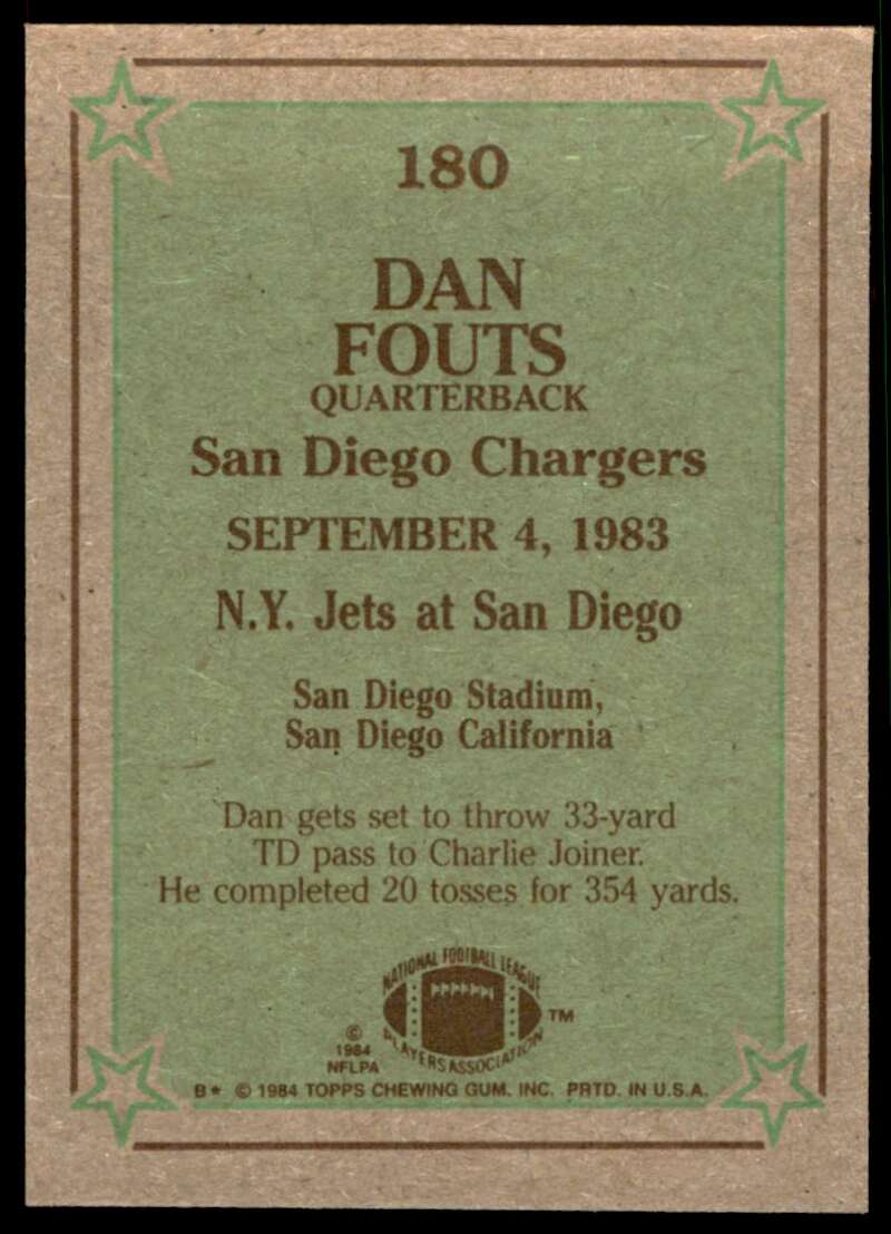 Dan Fouts Card 1984 Topps #180 Image 2