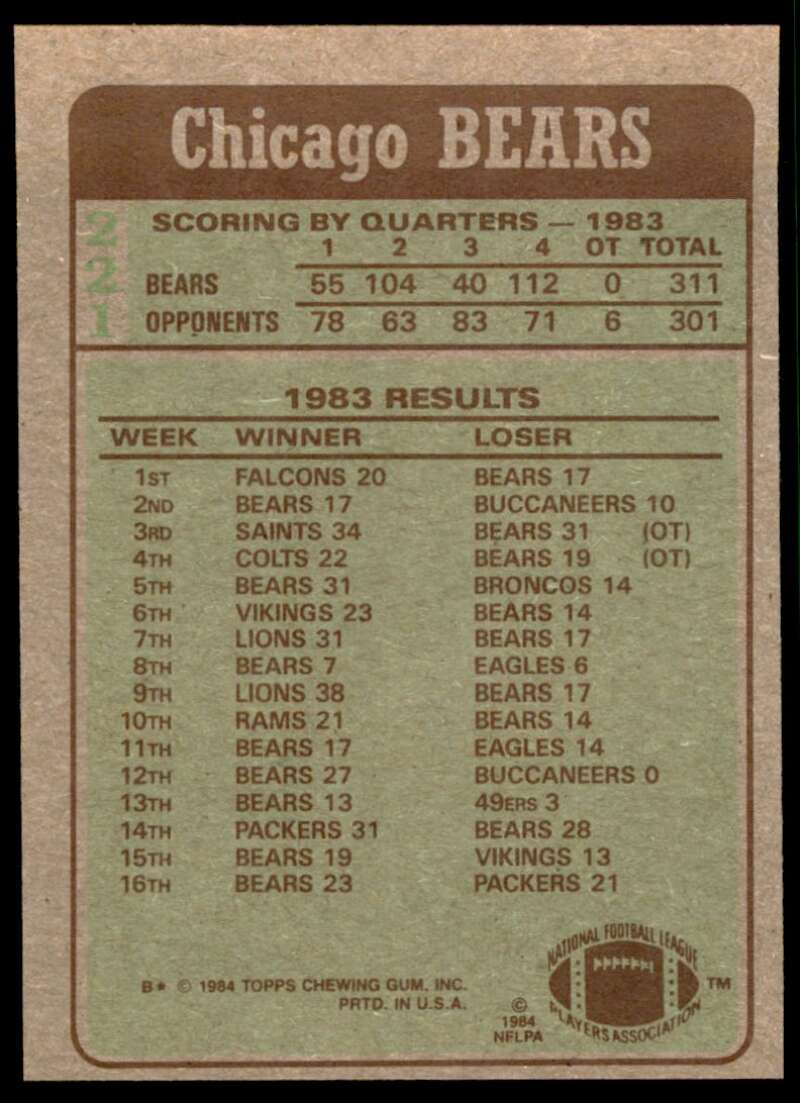 Chicago Bears Team Card 1984 Topps w/Walter Payton #221 Image 2