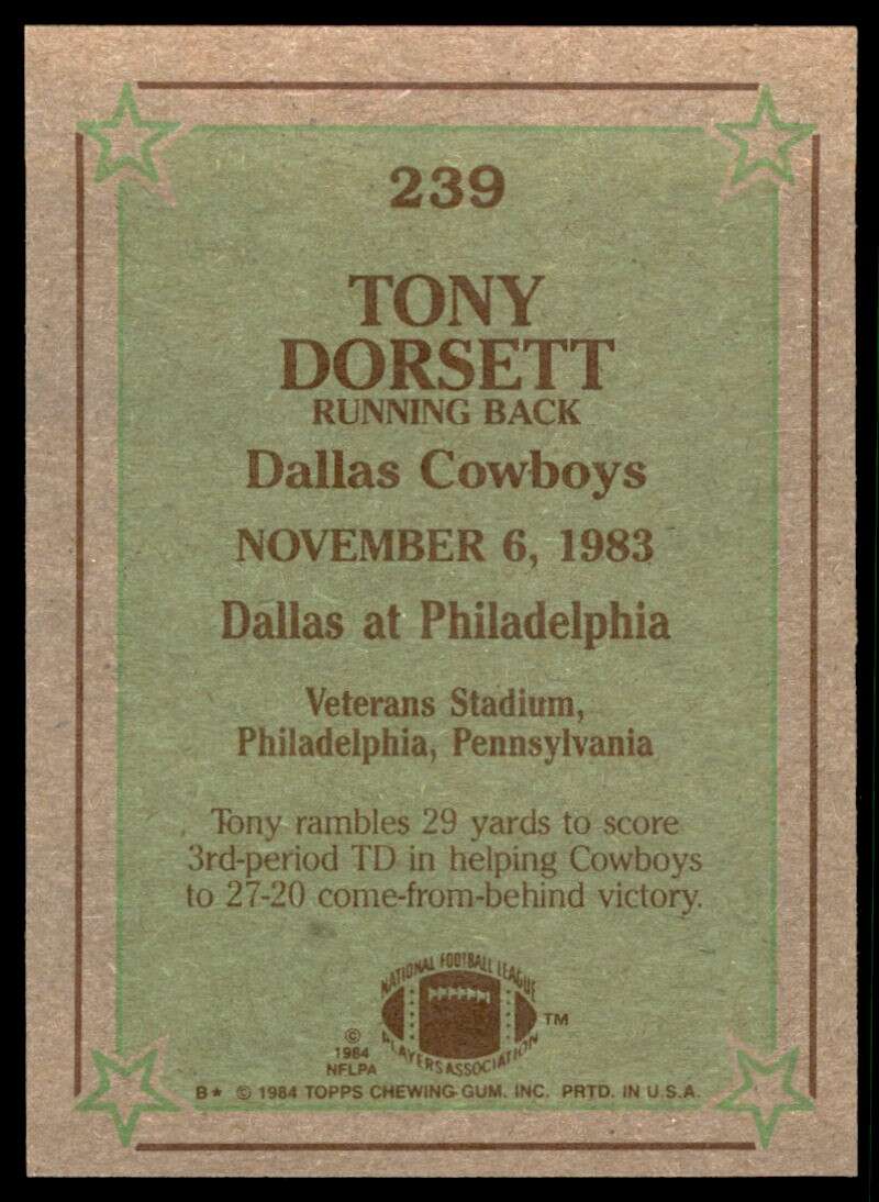 Tony Dorsett Card 1984 Topps #239 Image 2