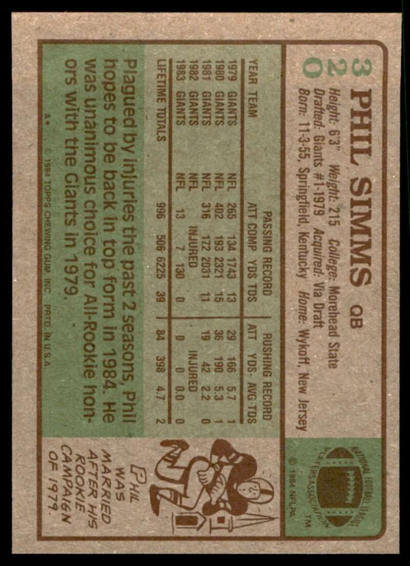 Phil Simms Card 1984 Topps #320 Image 2