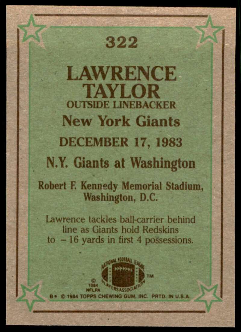 Lawrence Taylor Card 1984 Topps #322 Image 2