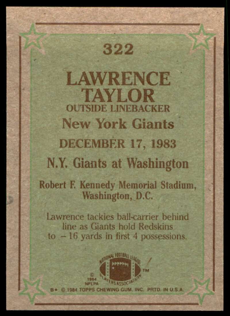 Lawrence Taylor Card 1984 Topps #322 Image 2