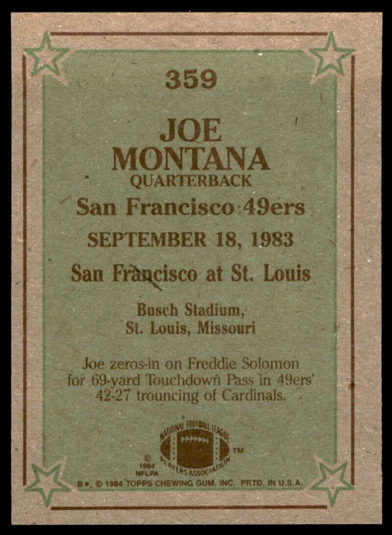 Joe Montana Card 1984 Topps #359 Image 2