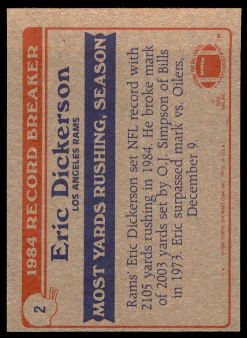 Erick Dickerson Record Breaker Card 1985 Topps #2 Image 2
