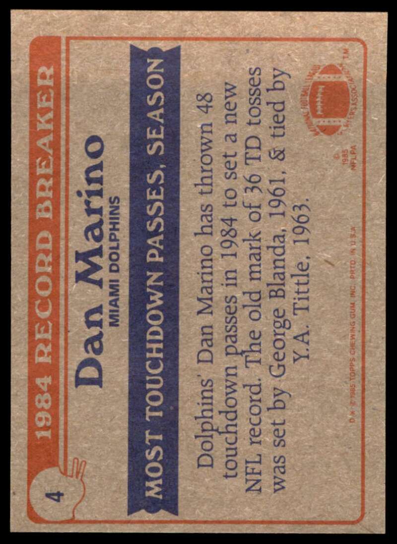 Dan Marino Record Breaker Card 1985 Topps #314 Image 2