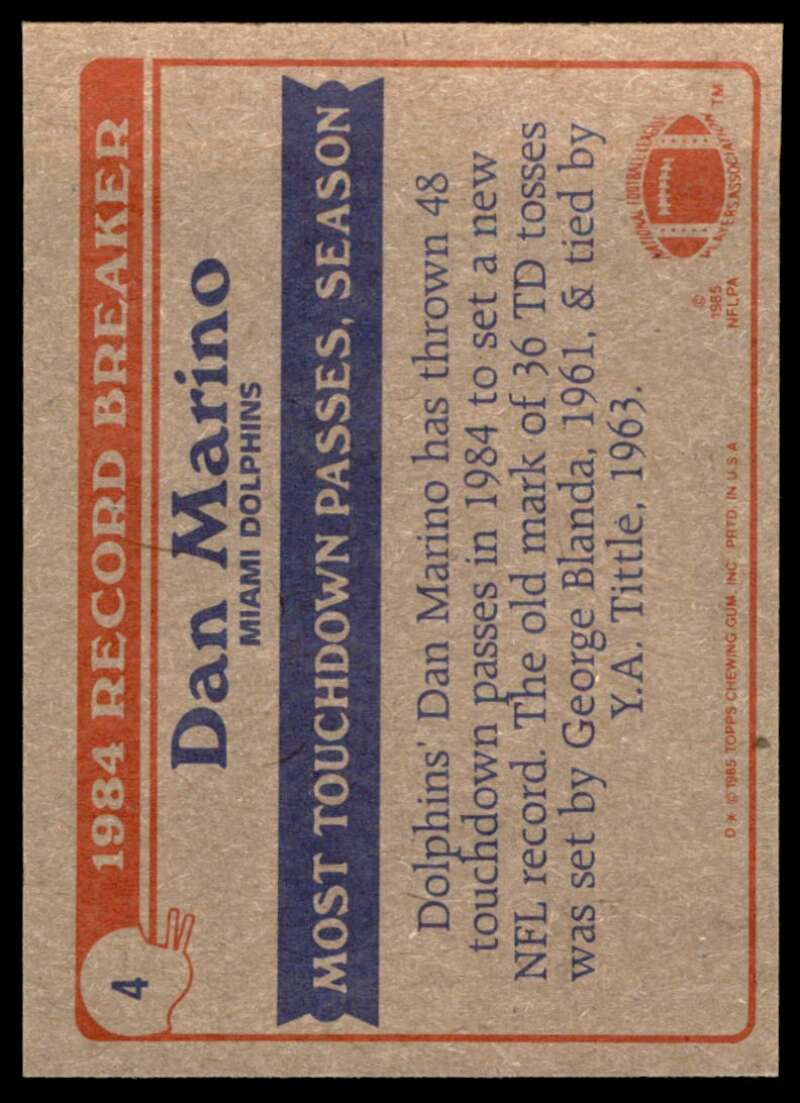 Dan Marino Record Breaker Card 1985 Topps #314 Image 2