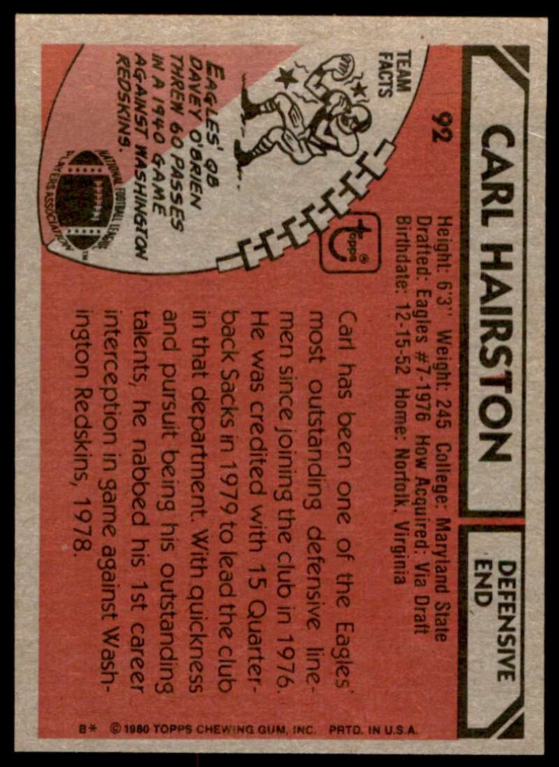 Carl Hairston Rookie Card 1980 Topps #92 Image 2