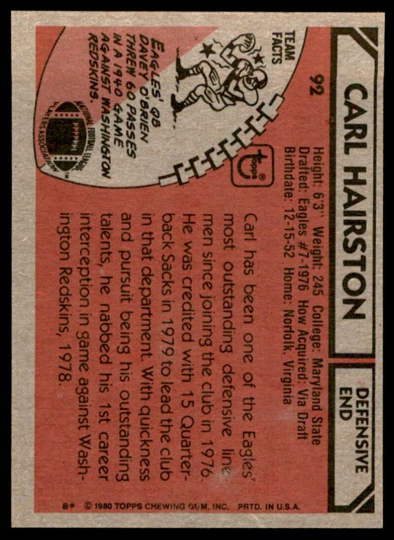 Carl Hairston Rookie Card 1980 Topps #92 Image 2