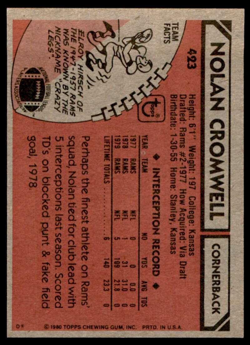 Nolan Cromwell Rookie Card 1980 Topps #423 Image 2