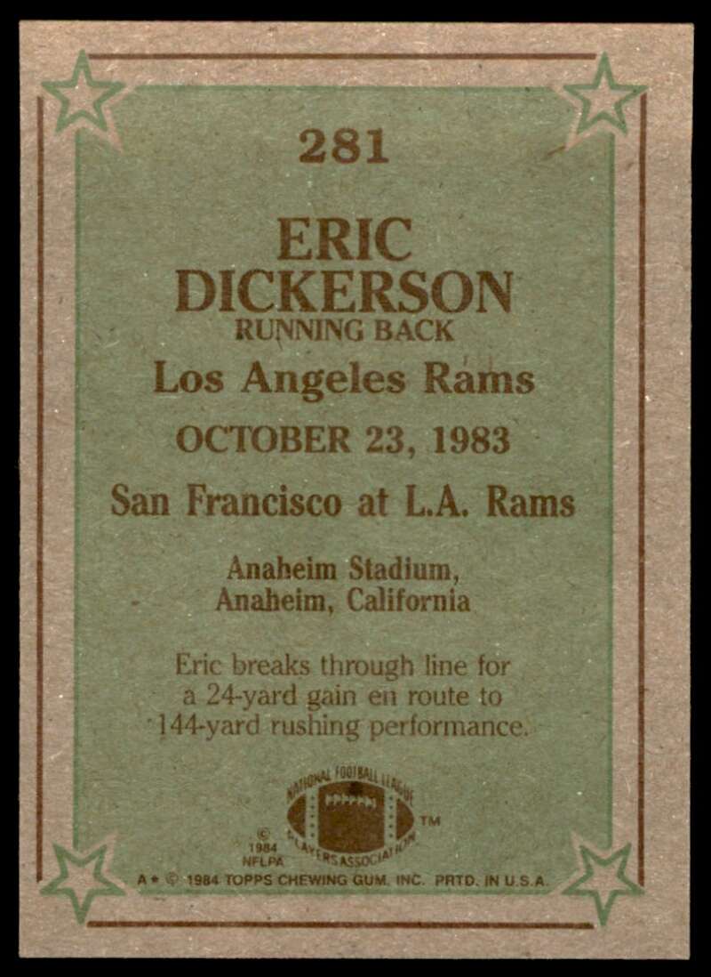 Eric Dickerson Rookie Card 1984 Topps Instant Replay #281 Image 2