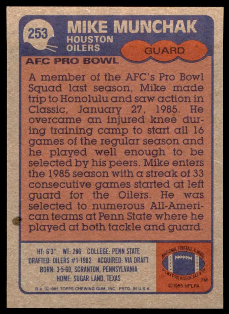 Mike Munchak Rookie Card 1985 Topps #253 Image 2