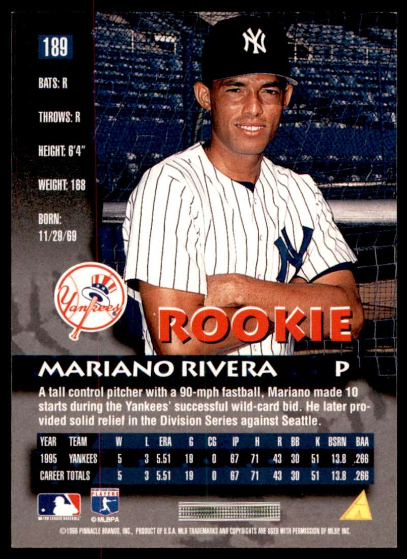 Mariano Rivera Rookie Card 1996 Pinnacle #189 Image 2